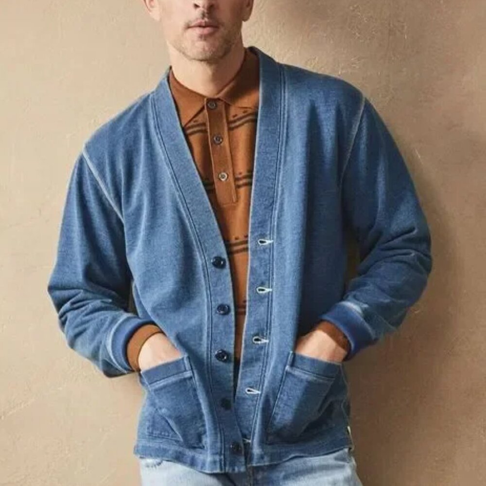 Todd Snyder French Terry Cardigan Sweatshirt Tinted Indigo